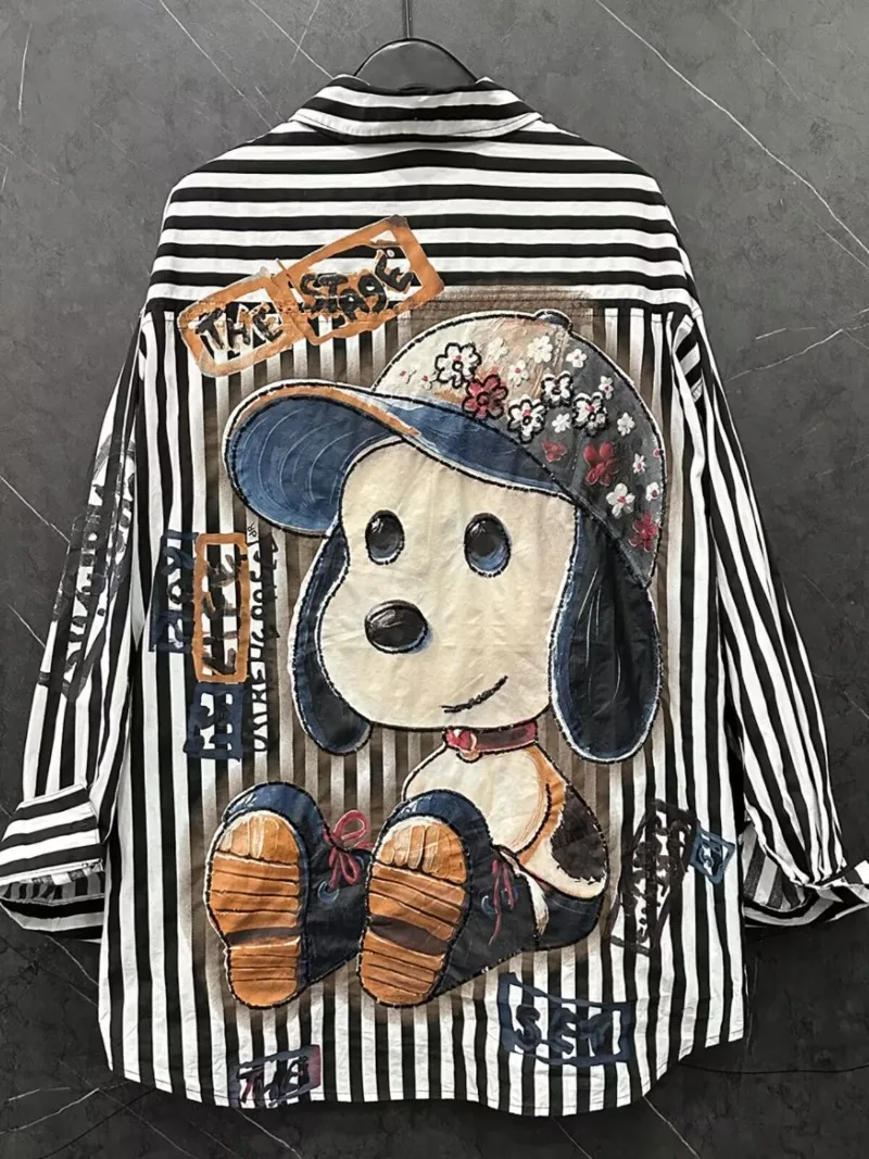 

Oversized Tops Spring/Summer New Cartoon Snoopy Printed Black White Striped Women Fashion Long Sleeve Shirts Aesthetic Clothes