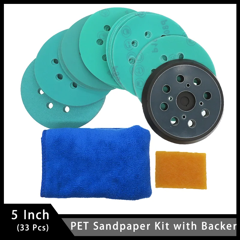 

33 Pcs 5 Inch 8 Holes Polyester Film Sandpaper Hook and Loop Sanding Disc Towel and Sandpaper Rubber for Grinding and Cleaning