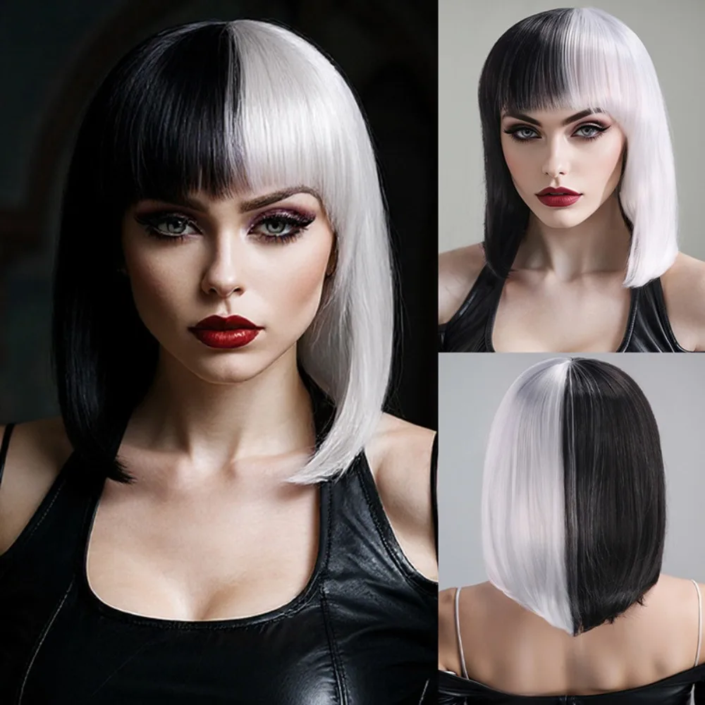 Cosplay Halloween Party Wigs CRUELLA Deville De Vil Black White With Bangs Short Bob Hair for Women Heat-Resistant Synthetic Wig