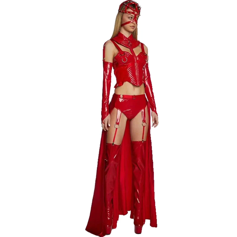 Bar Nightclub DJ DS Stage Rave Outfits Sexy Pole Dance Clothing Women Red Leather Suit Punk Styles Gogo Costumes DWY9968