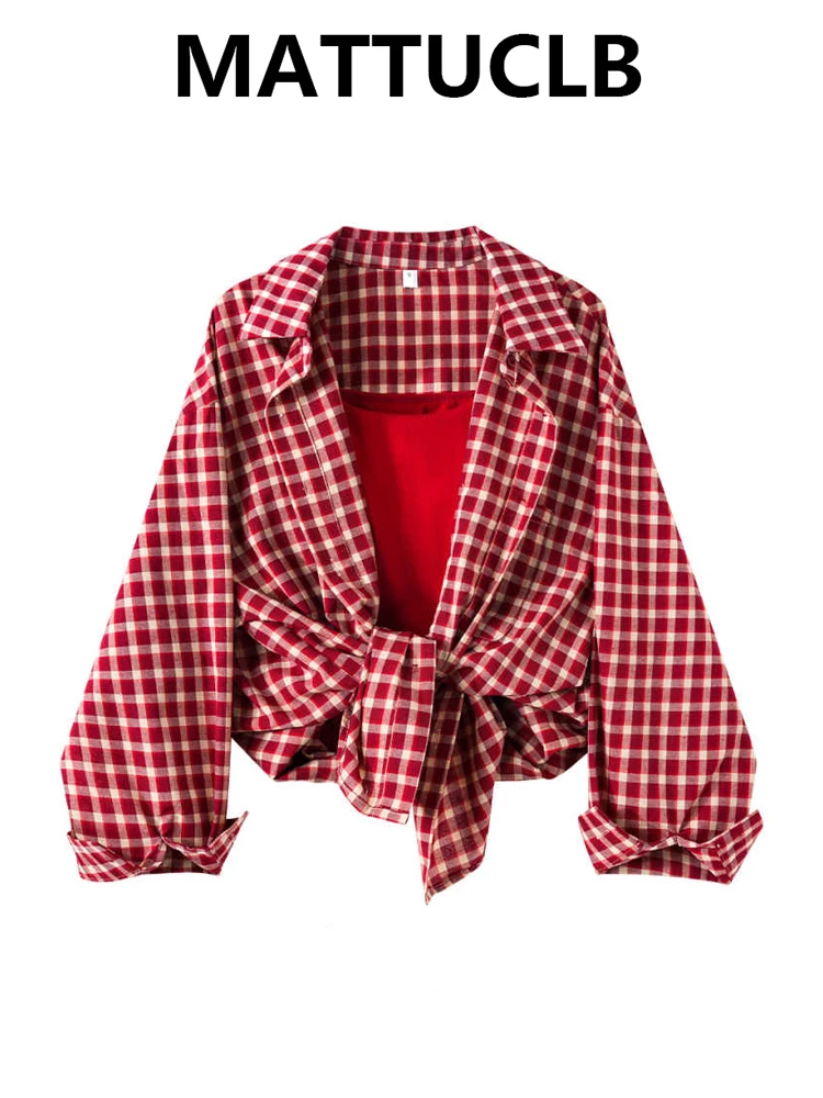 

2026 Women Two Piece Sets Plaid Shirt Long Sleeve Cleanfit Blouse Tops Loose Casual 2000s Aesthetic Trendy Korean High Street