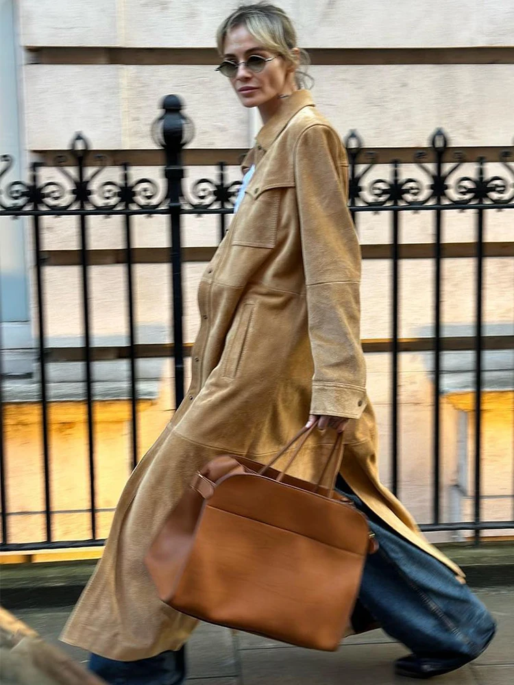 Fashion Solid Wildleder Mantel Frauen Elegante Revers Langen Ärmeln Taschen Lose einreiher Mantel Herbst Dame Pendeln Outwear