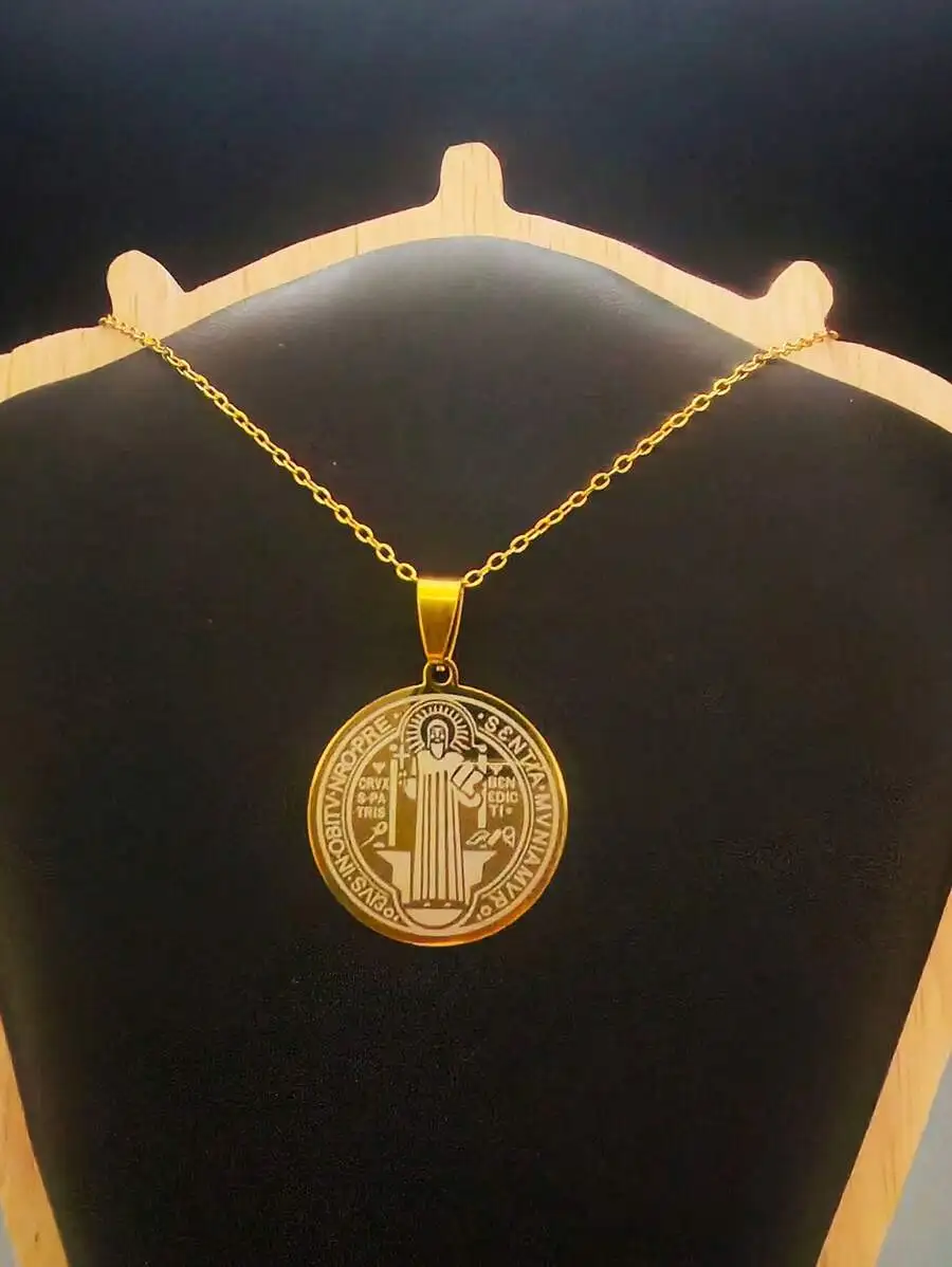 Stainless Steel Saint Benedict Medal Pendant Necklace For Protection Daily Wear Gift