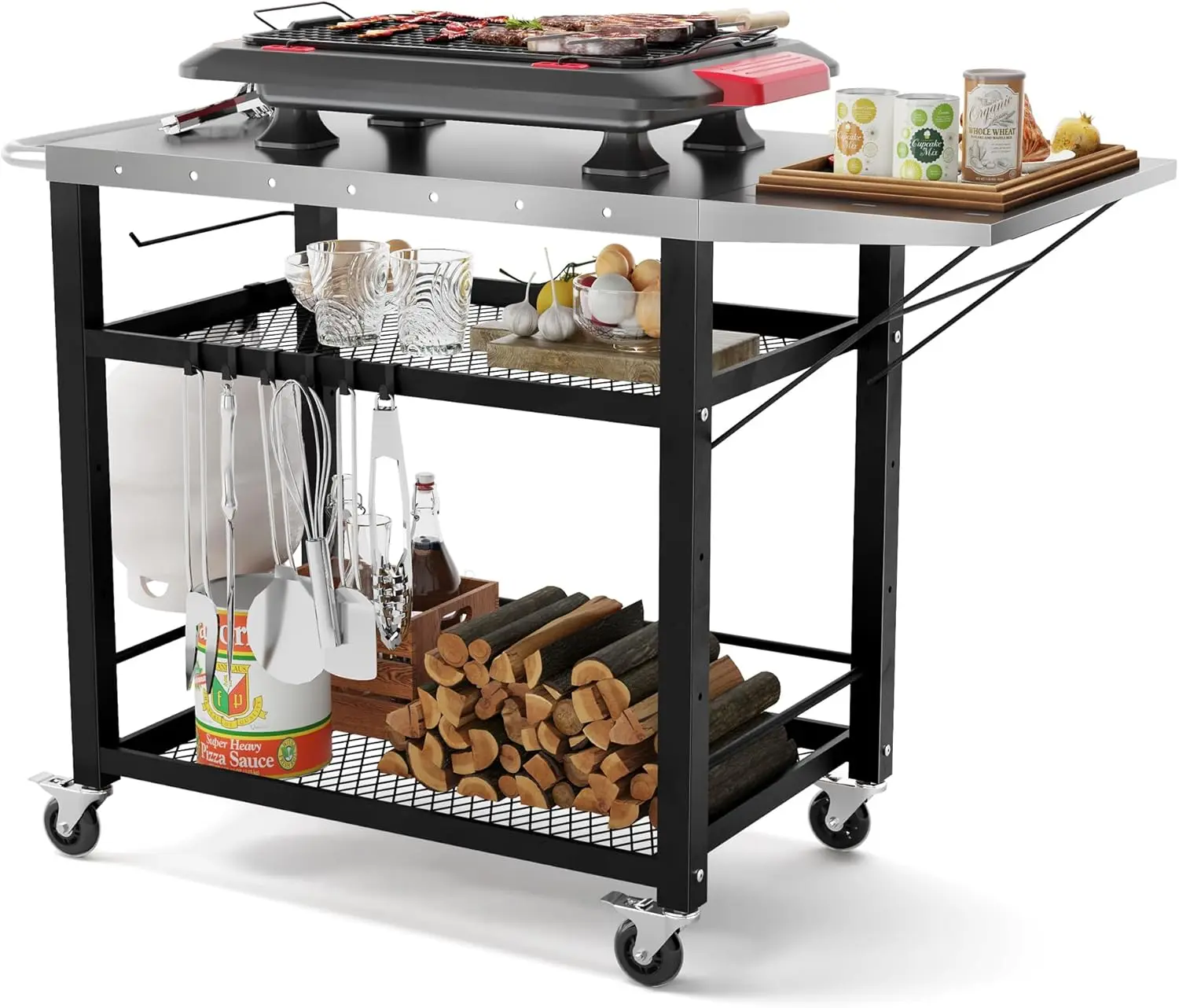 

43.3" W x 19.7" D Outdoor Grill Cart Table with Foldable Side Table, Movable Pizza Oven Stand for Outside Patio, Three-Shelf Sta