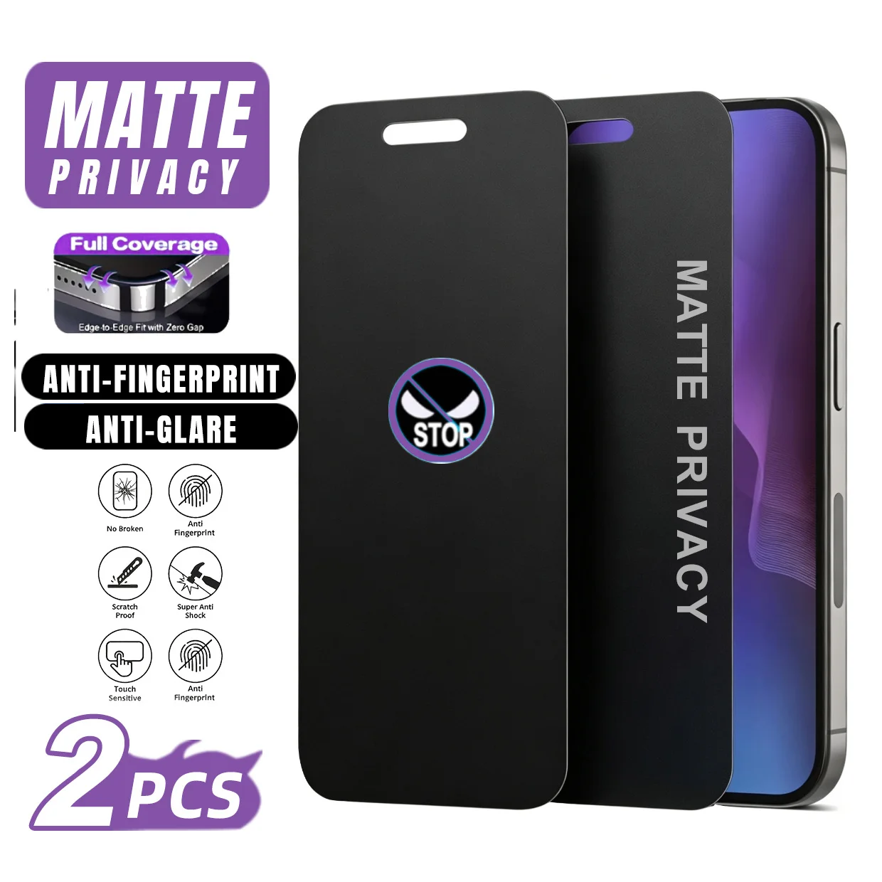 2 Películas de Vidro Temperado Fosco com Privacidade Compatíveis com iPhone 17 Pro Max/17 Air/16 Pro Max/16E/15 Pro Max/15 Plus
