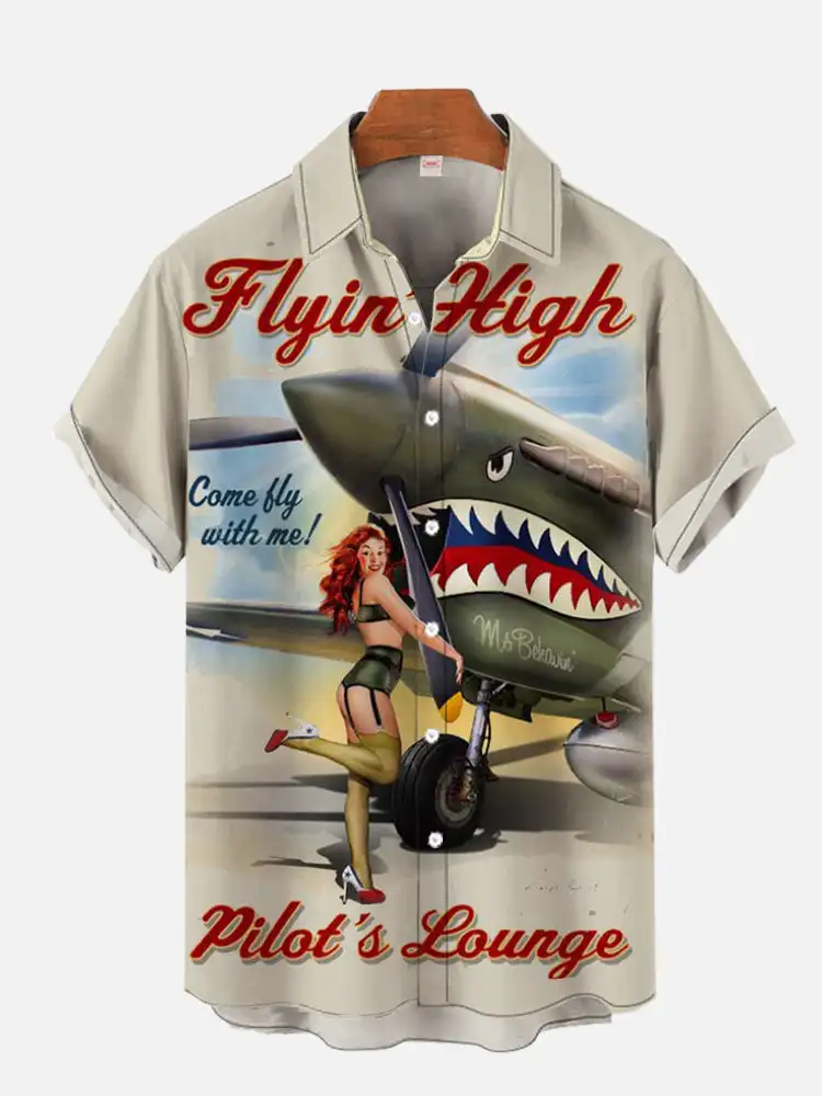 Men's Shirt Tops Classic Retro Poster Art Flying High Beauty Shark Fighter Print Lapel Short Sleeve Shirt Fashion Men's Shirt