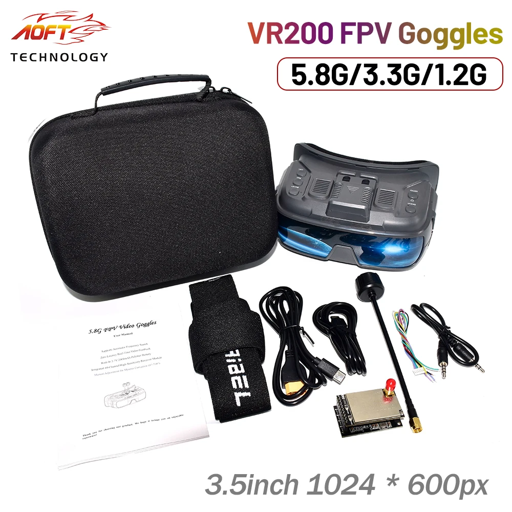 VR200 3.5inch FPV Goggles 5.8G/3.3G/1.2G Analog with DVR 1024 * 600px IPS Screen 40CH  for Analog FPV Racing Drone RC Car Models