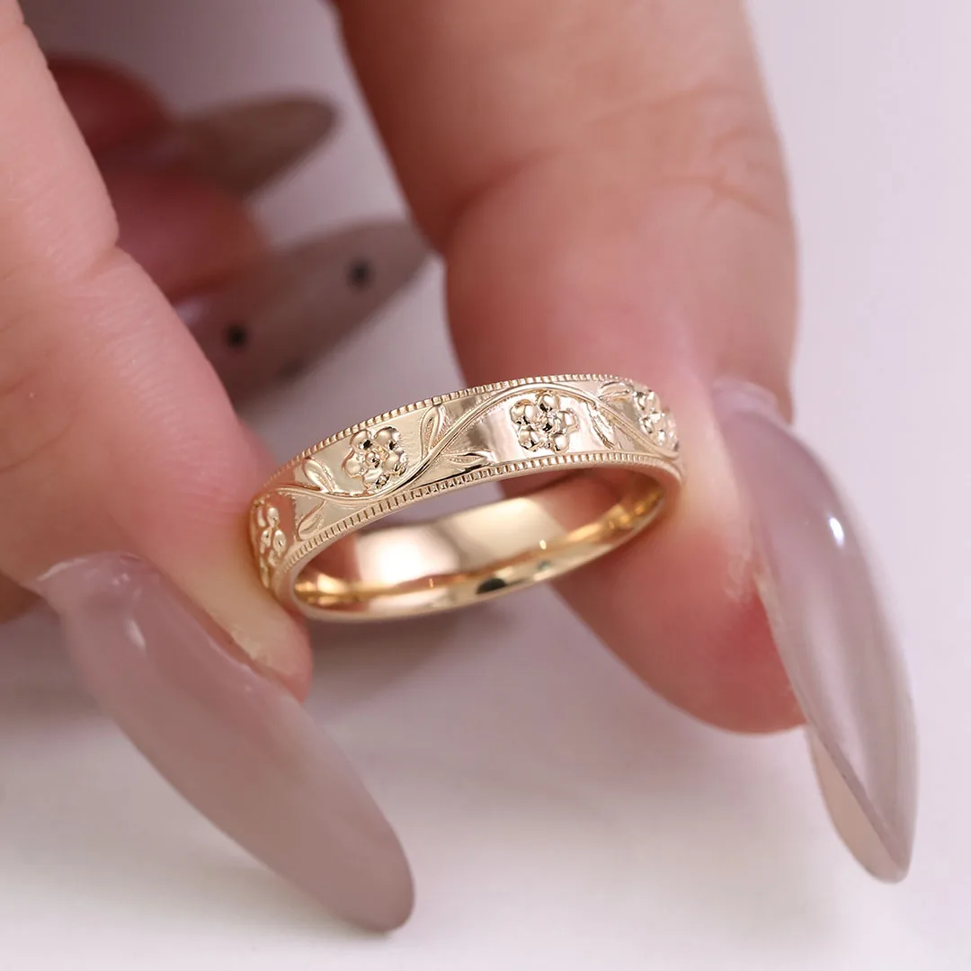 Provence 18K Yellow Gold Milgrain Edge Band Flower And Branch Engraving Men Women's Engagement Ring Romantic Gift