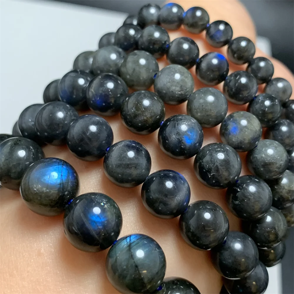 Natural Black Body Labradorite Bracelets for Women 10.4MM Blue Light Cat Eye Labradorite Beads Healing Gifts Stretch Bracelets
