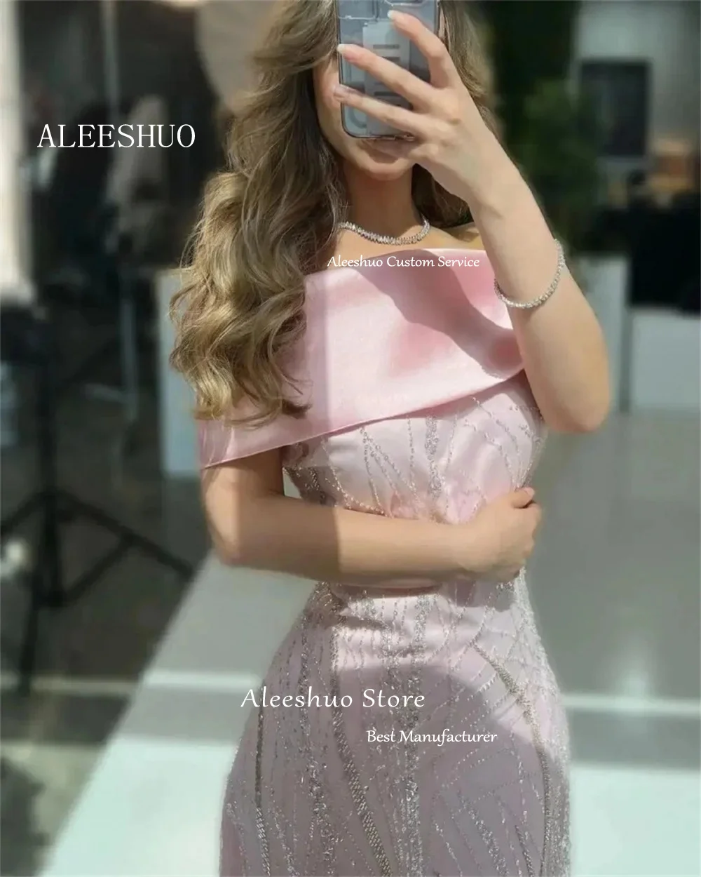 Aleeshuo Baby Pink Sparkly Sequin Evening Dresses Lace Off Shoulder Sleeves Ankle Length Saudi Arabic Lady Party Event Prom Gown