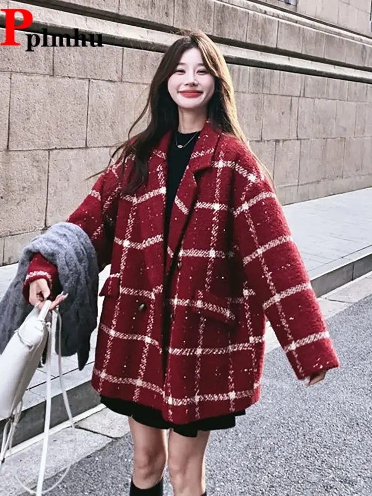 

Мешковатые пиджаки в клетку, женские повседневные корейские модные куртки-чакеты, однобортный свободный топ на пуговицах с лацканами Jaquetas