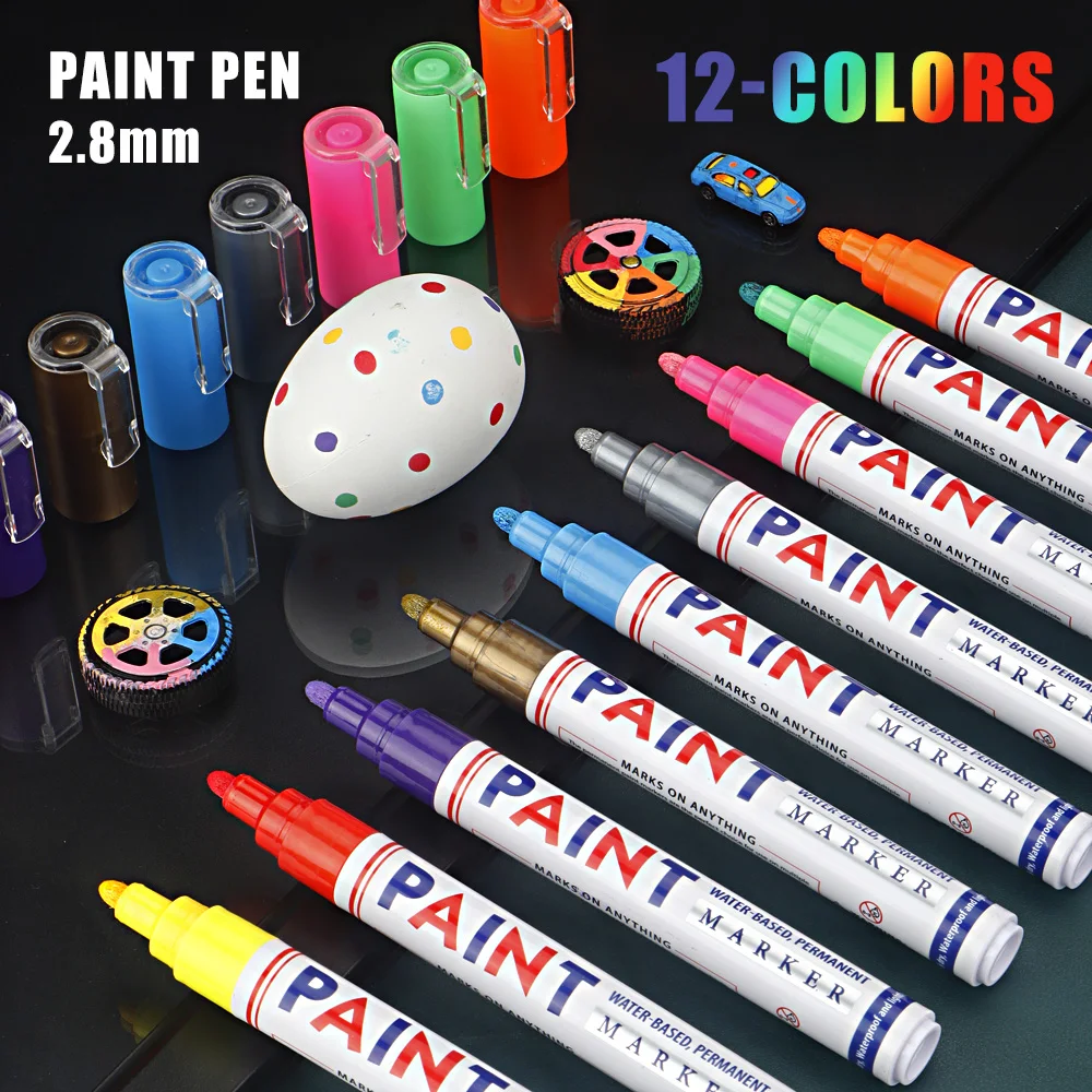 12 Colors Painting Pen 2.8mm Waterproof Permanent Graffiti Touch Up Tyre Marker Auto Rubber Tire Tread Mark Pen for Cars Metal