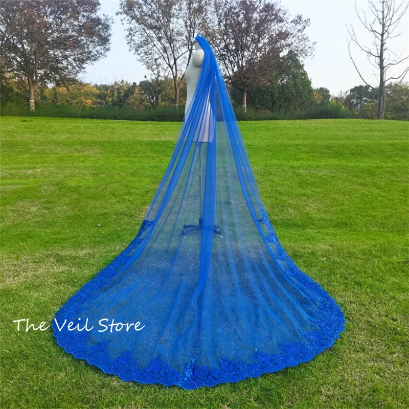 Royal Blue Bridal Veils With Comb Cathedral Single Layer Sequins Lace Edge Trim Wedding Accessories For Brides Long Tulle 3 4 m