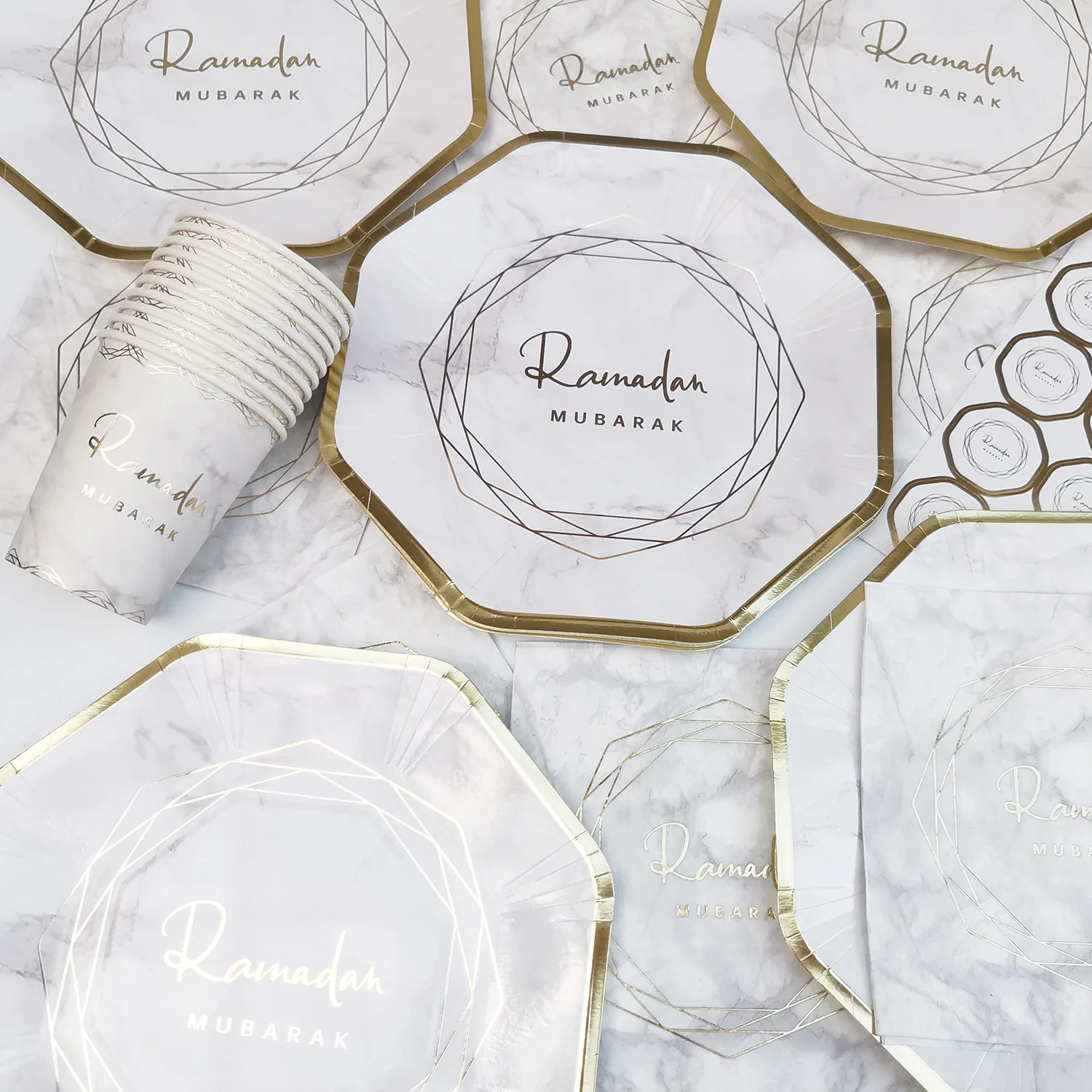 Gold Ramadan Mubarak Disposable Tableware Gilded Letter Paper Plate Cup Islamic Muslim Party Supplies 2024 EID Mubarak Decor