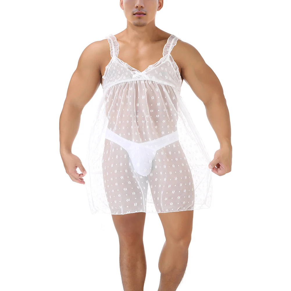 

Men's Sexy Lingerie Lace Dreese Mesh Nightwear Sheer Nightdress Male Summer Pajamas Sleepwear Spaghetti Dress Nightgowns