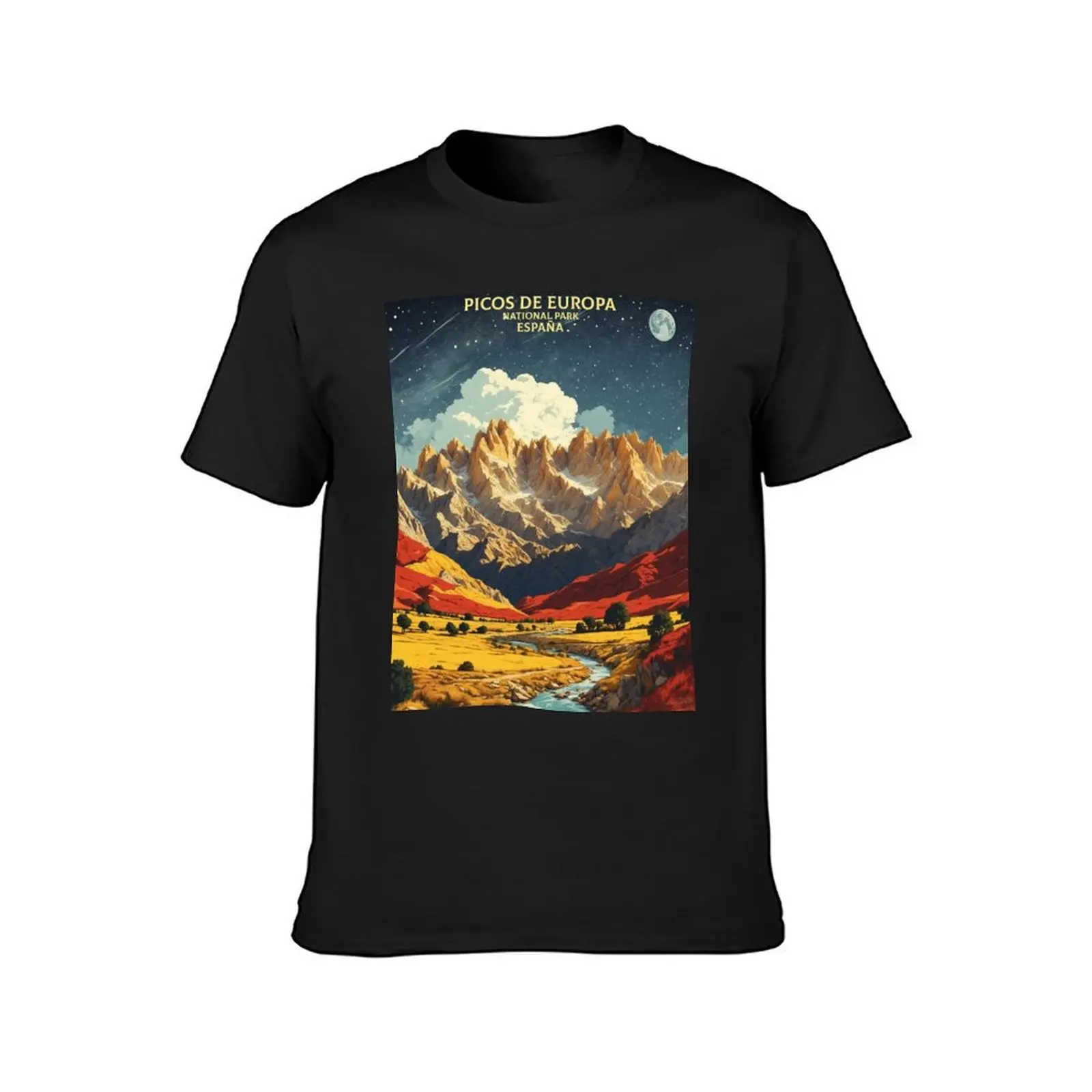 Picos de Europa National Park Spain Starry Night and Moon Tourism Vintage Poster T-Shirt blanks men workout shirt