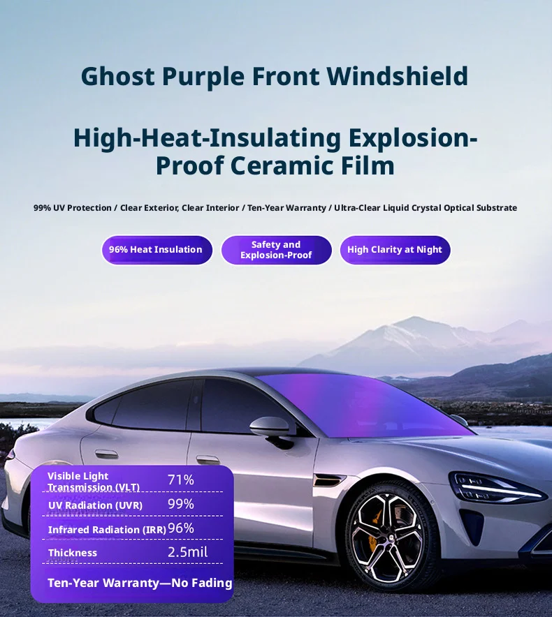 High-Definition Purple Chameleon Full Car Front and Rear Windshield Color-Changing Car Window Film 30/50/76/ 100m Full Roll 1m/1.52m Wide 80% High Transparency High-Definition Purple