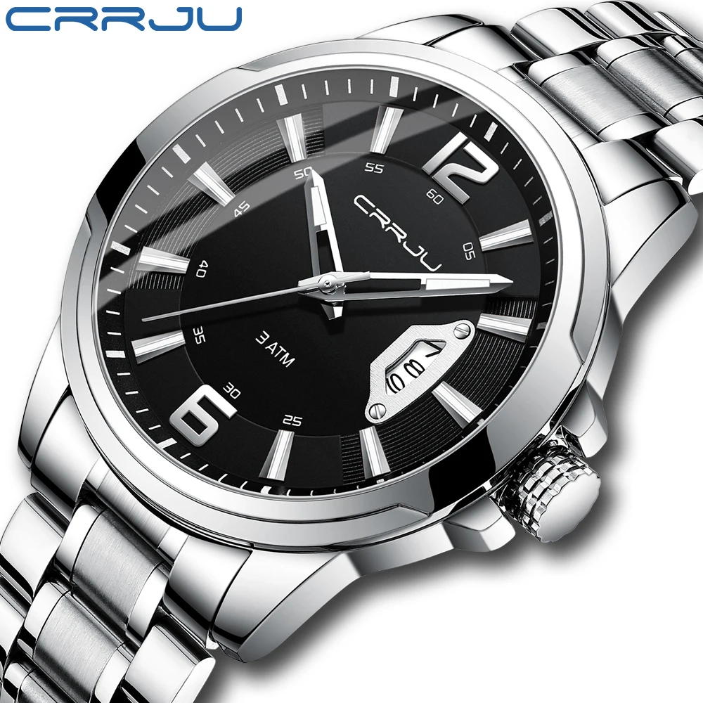 CRRJU Men Watches Luxury Stainless Steel Business Classic Calendar Waterproof Quartz Relogio Masculino