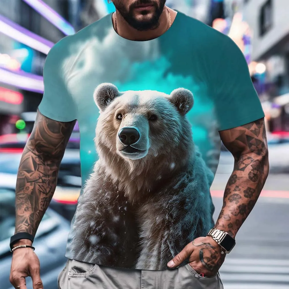 Funny Polar Bear Printed Men's T Shirt Casual O-neck Oversized T-shirts Fashion 3D Animal Pattern Short Sleeve Tops Men Clothing