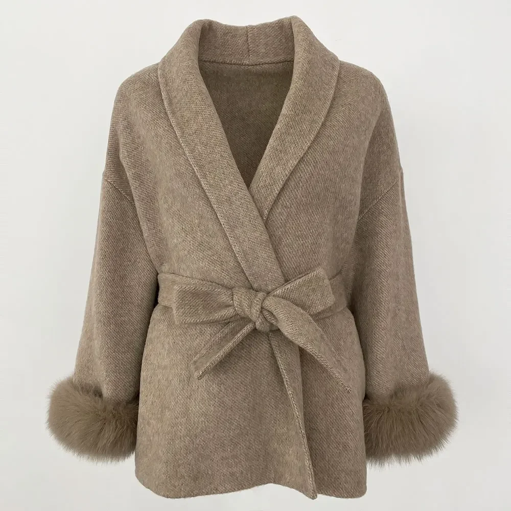 女性のためのキツネの毛皮の袖口のジャケット,特大の天然のキツネの毛皮のジャケット,ゆったりとした暖かいウールのコート,取り外し可能な袖口,本物の天然の女性,オフィスの女性,ファッション,秋,冬