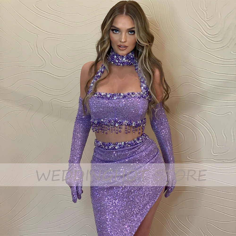 Purple Sequin Prom Dress Mermaid High Collar Sleeveless Sexy  Gown Long Crop Top Side Slit Luxury   for Women 2023