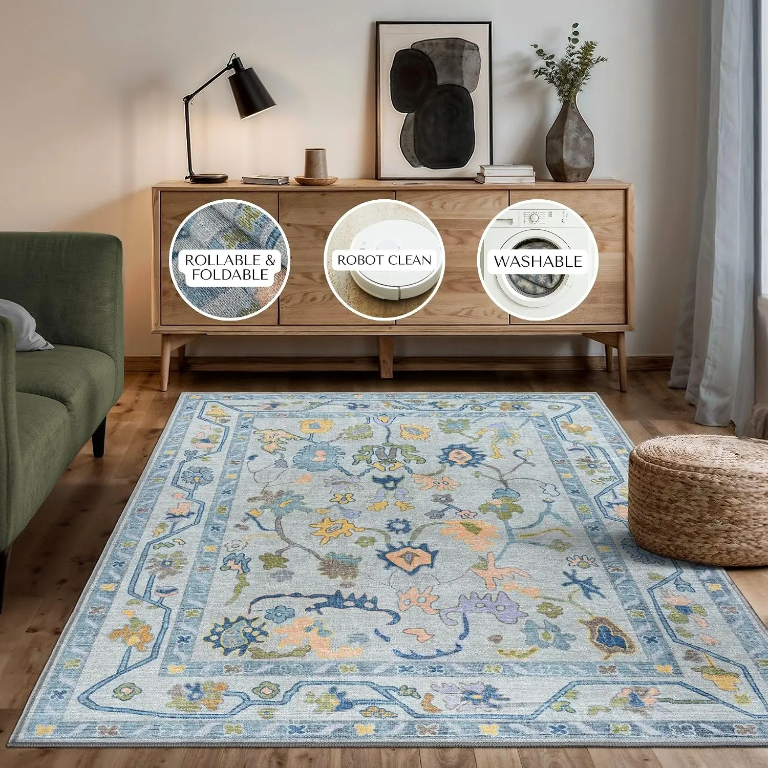 Blue Turkish Carpet Retro Machine Washable Non Slip Large for Living Room Bedroom Dining Farmhouse Home Decor Area Rug Floor Mat