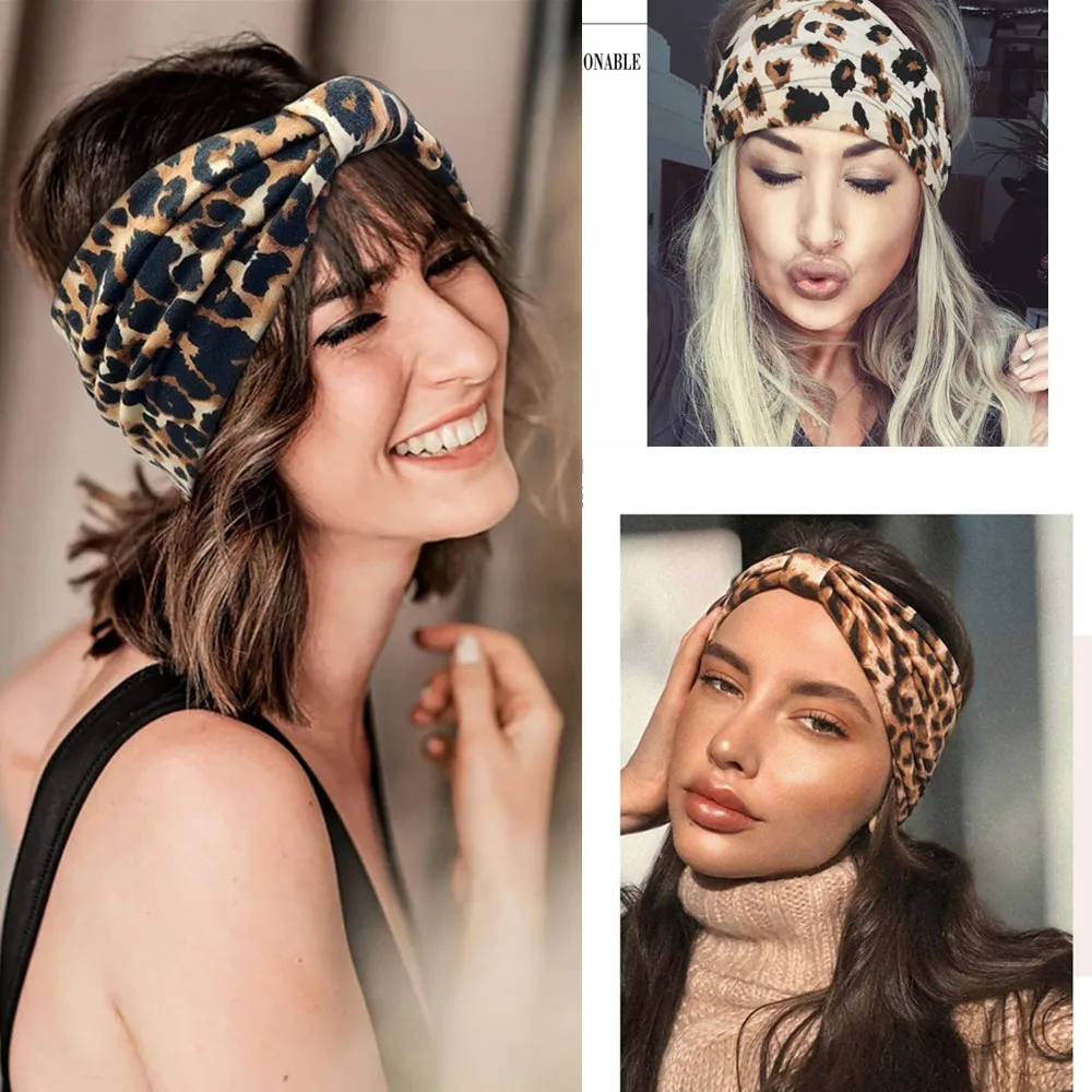 Fasce con stampa leopardata per le donne fasce larghe per la testa del turbante Boho fasce elastiche annodate in cotone accessori per capelli da