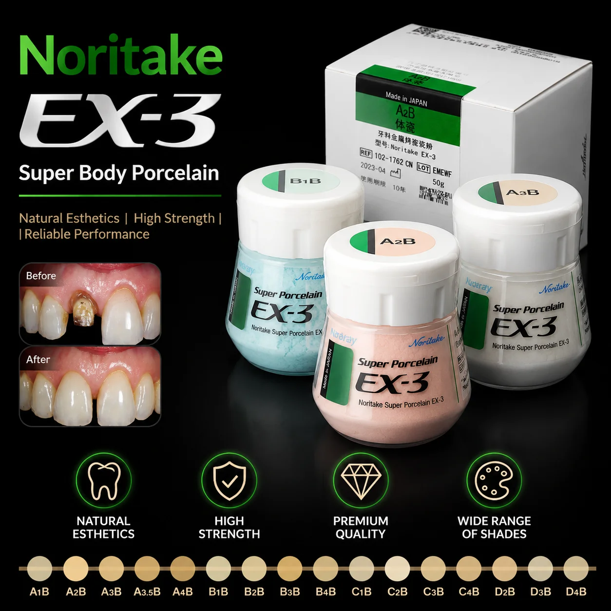 Noritake EX-3 Super Porcelain Powder 50g Multi Shades A1B A2B E2 TX Dental PFM Metal Ceramic Powder For Crown Bridge Restoration