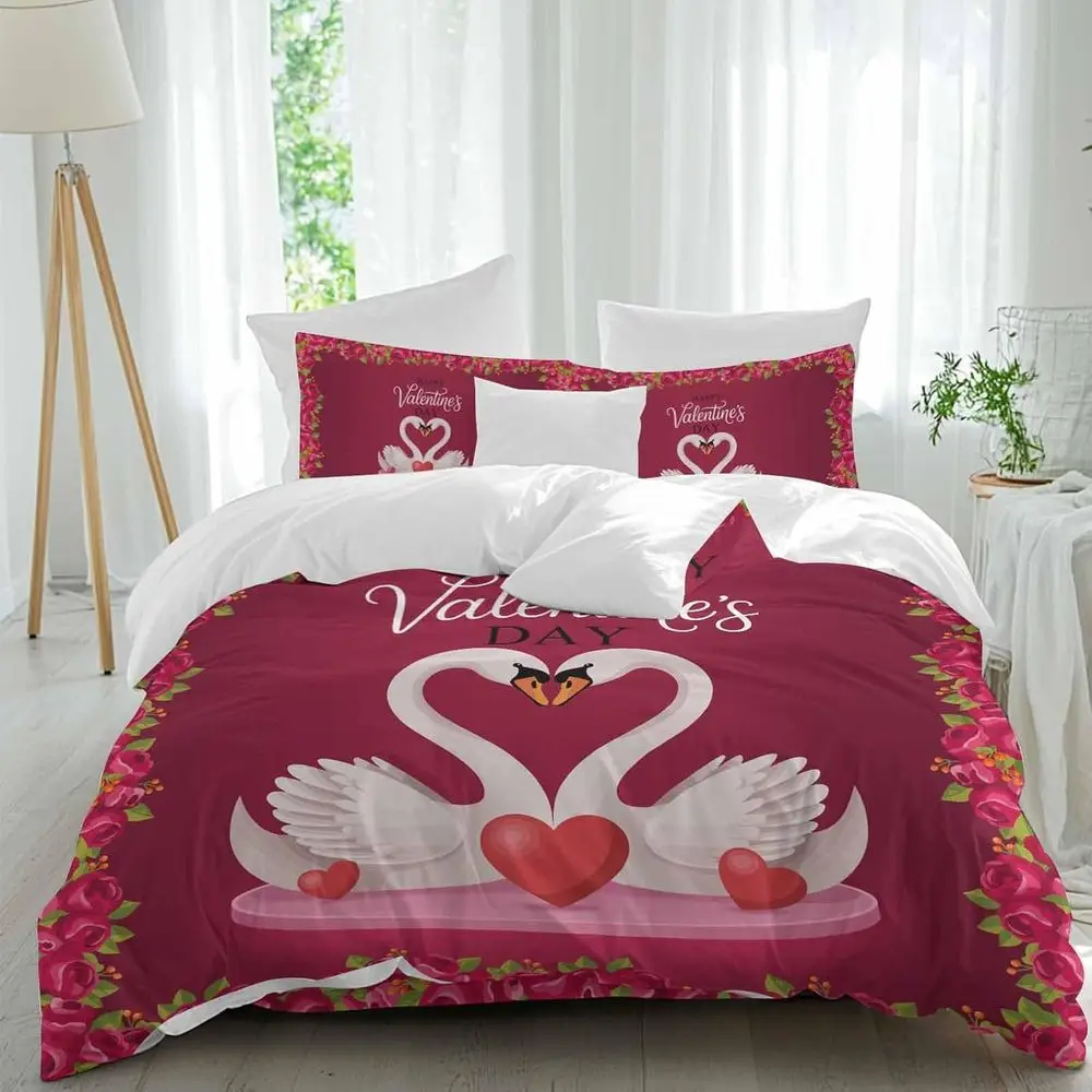 

alentine's Day Sheet Set, tic Swan Couple Red Love Heart Rose loral Pink 4 Pieces Breathable Sot Duvet Cover Set Bedding Cozy Be