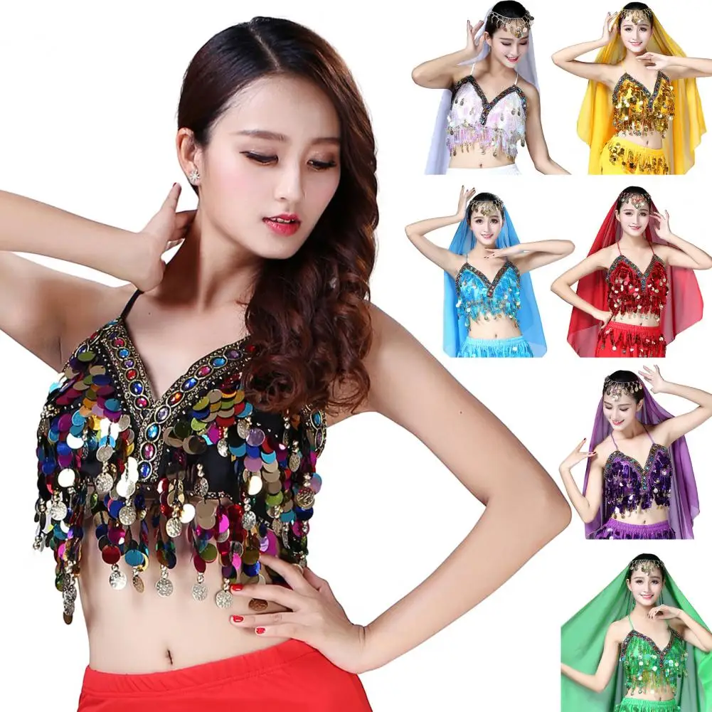 

Women Belly Dance Top Sequin Tassel Halter Neck Crop Top Waist-exposure Backless Sleeveless Belly Dance Tank Top Festival Blous