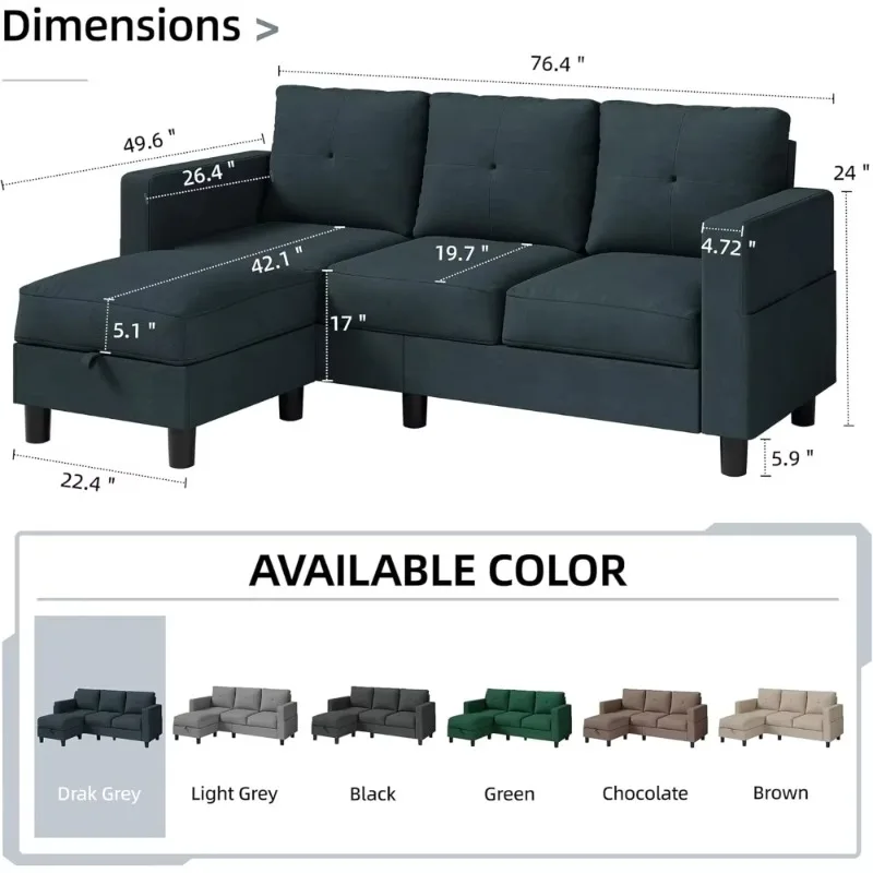 79 Inch Convertible Sectional Sofa Couch, Linen Fabric L-Shaped , 3-Seat Sofa Sectional with Reversible Chaise for Living Room