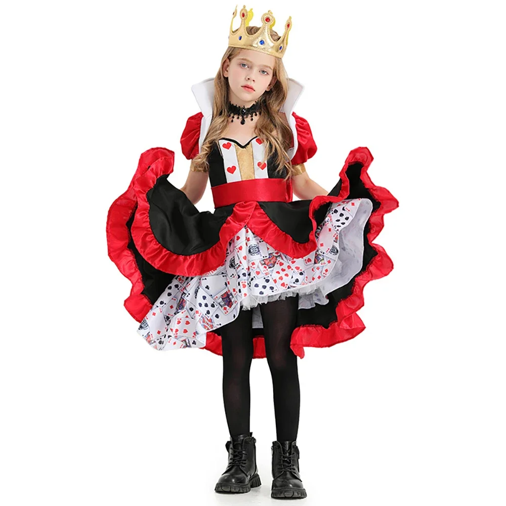 Halloween Queen of Hearts Costume Kids Girls Poker Queen Cosplay  Alice in Wonderland Peach Heart Queen Poker Printed Dress