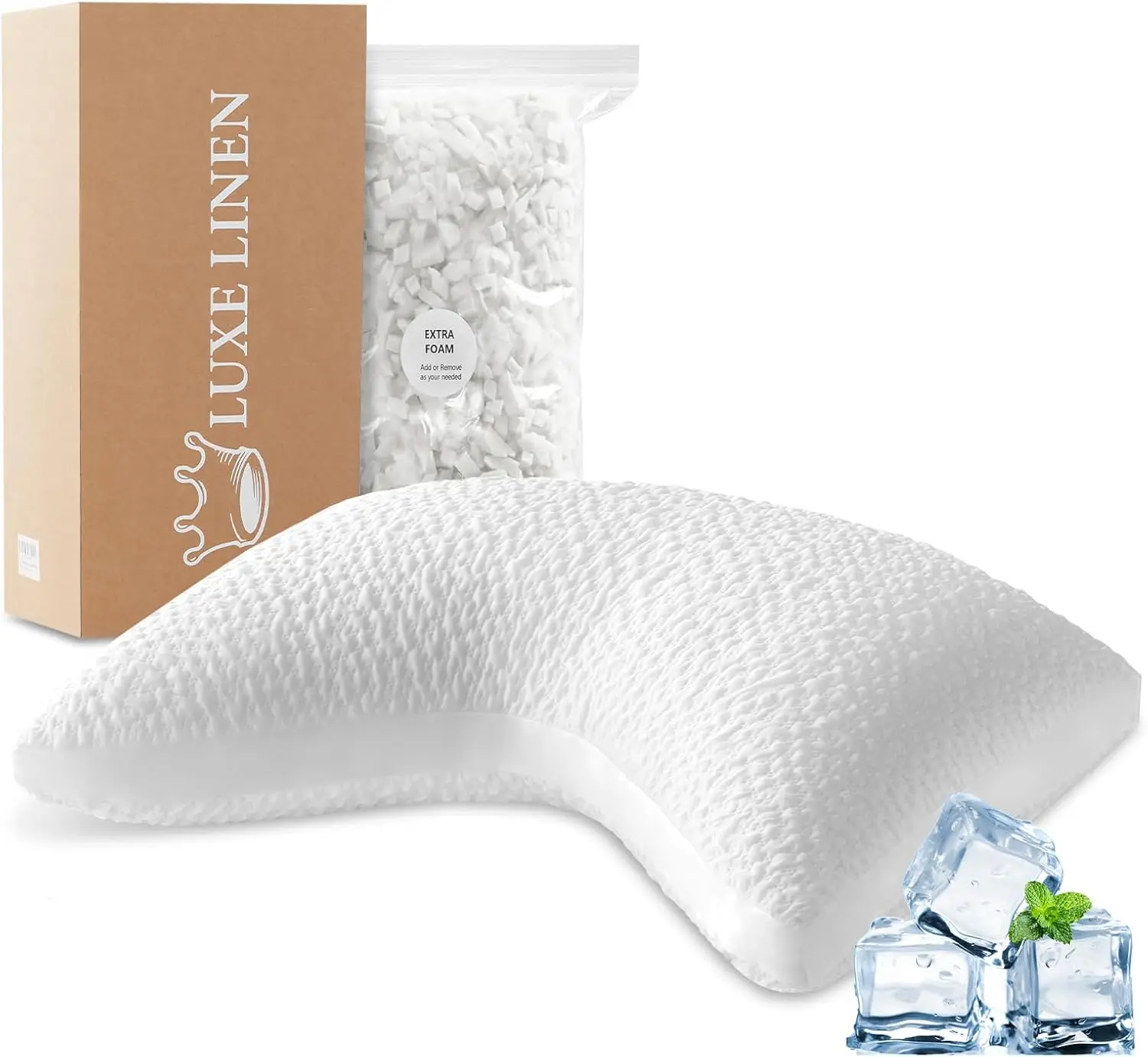 

Adjustable Shredded Memory Foam Pillow for Neck Pain Relief, Cooling Curved Design with Washable Cover