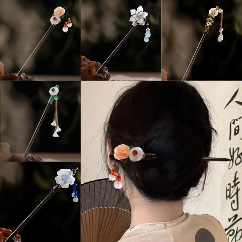 

Retro Hair Clips Ancient Style Chinese Hair Stick Wooden with Tassel Hanfu Hair Bun Handmade Flower Hair Forks for Hanfu Party