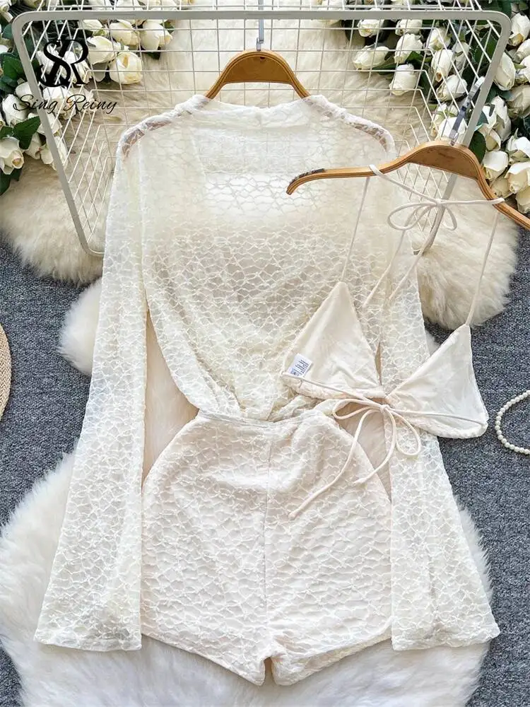 Trajes Sensuales de Encaje Transparente con Cuello Halter y Cordones, Lencería, Monos, Bodys Sexys de Verano para Mujer