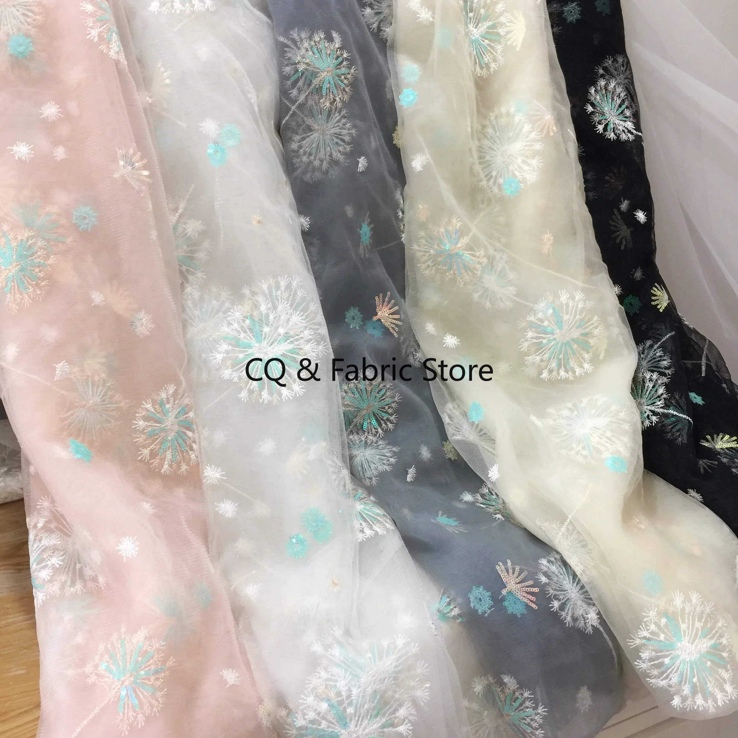 Yarn Lace Dandelion Sequin Embroidery Fabric DIY Girls Dress Skirt Tulle Mesh Fabric
