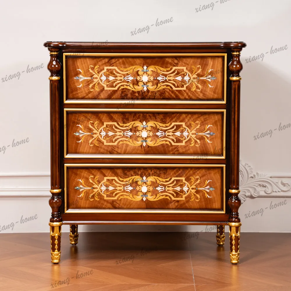 YJ French retro solid wood three-bucket cabinet British classical bedside table villa American storage