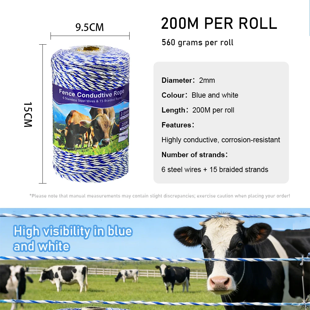 200M 2mm Electric Fence Conductive Rope with 6 Stainless Steel Wires Blue White for Cattle Horse Sheep Livestock Farm Fencing