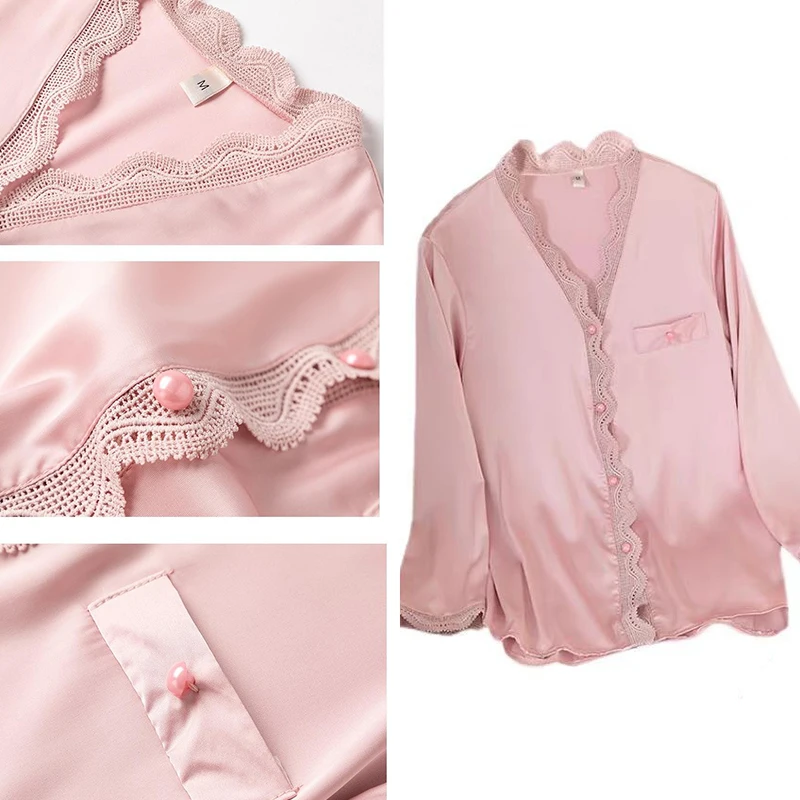 Conjunto de pijamas casuais cetim sexy 2 peça pijamas de seda loungewear sólido pijamas primavera novo roupão camisa & calças