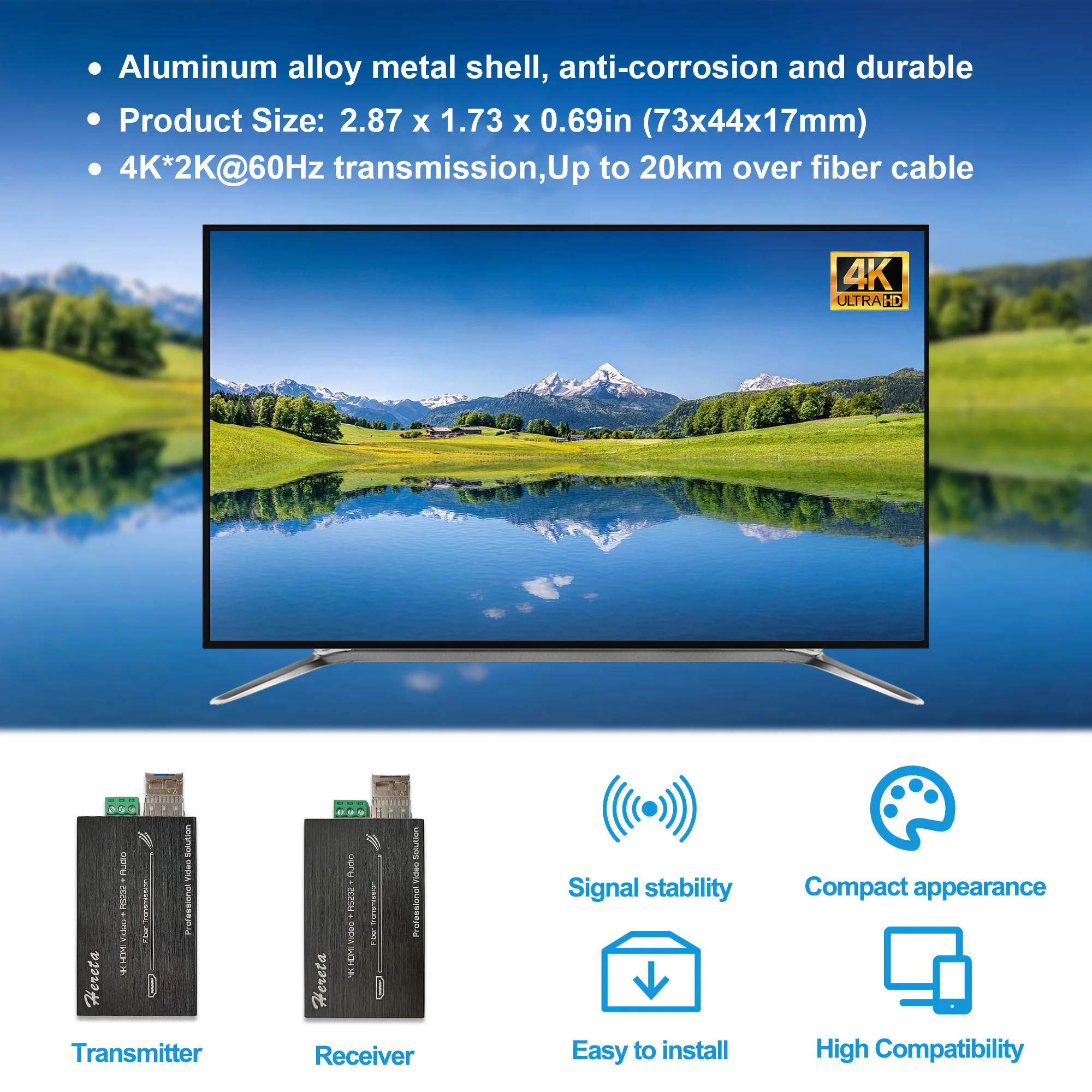 4K HDMI Fiber Video Extender 10.2Gbps Mini HD Fiber Converter with RS232 and Audio Extension of Distances Up to 20km