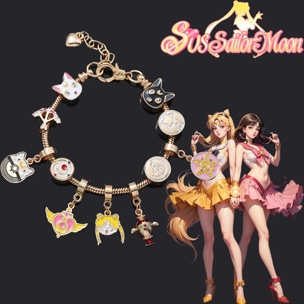 Anime Kawaii Sailor Moon Charms Bracelets Tsukino Usagi Pendant Luna Cat Beads Bangles Cospaly Props Chains for Women Girl Gift