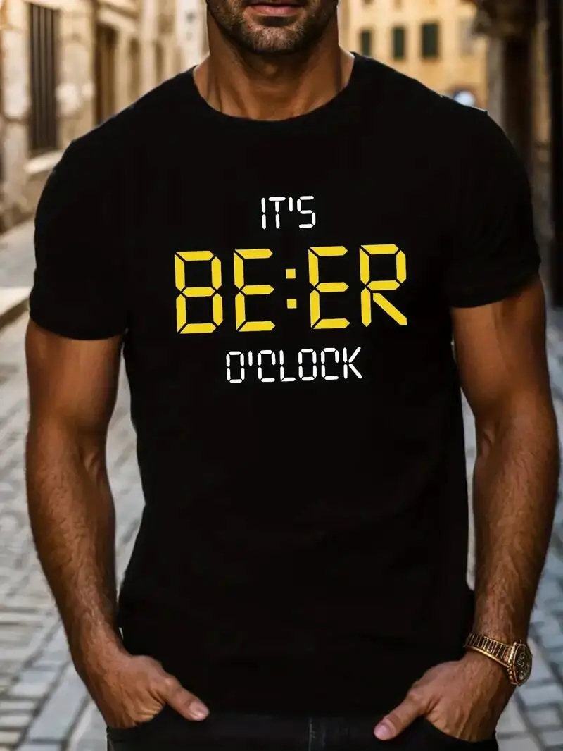 2025 new model Beer Time Print T Shirt, Tees For Men, Casual Short Sleeve T-shirt For Summer Comfortable, Durable, Easy-Care Cre