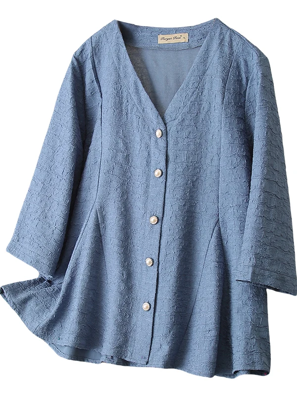 

Loose Women's Korean Sle V-Ne irt Summer New Seven Sve Top Faionable plus Size Casual Wear Polyester Fiber Button ...