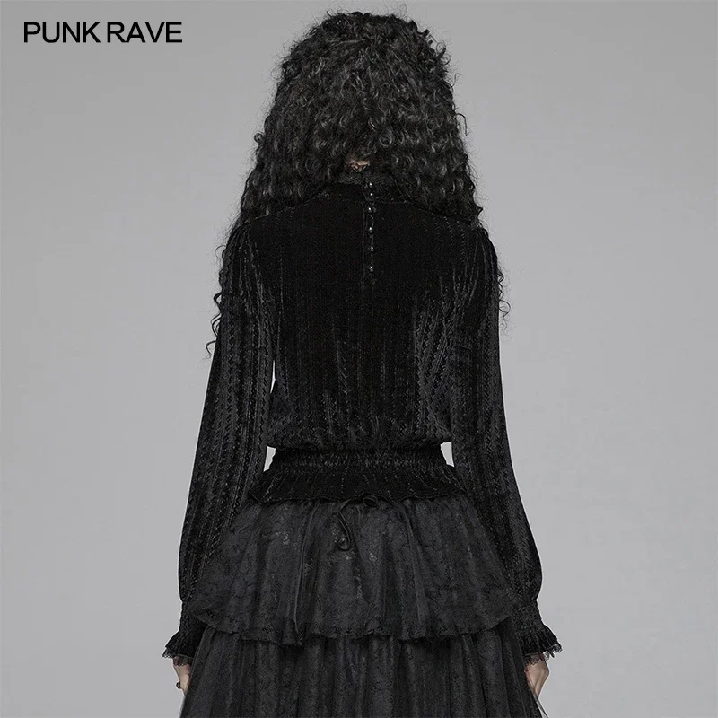 PUNK RAVE Women\'s Gothic Stand Collar Velvet Gorgeous Black Shirt Victorian Vintage Christmas Halloween Party Women Blouses