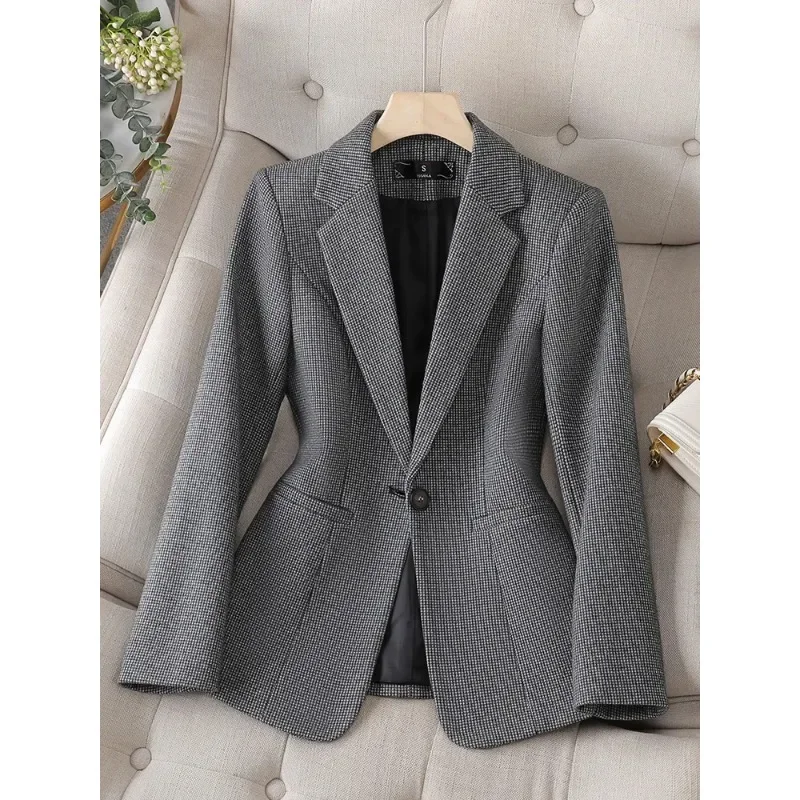 Gray Apricot Plaid Ladies Blazer Women Formal Jacket Long Sleeve Single Button Female Business Work Wear Coat