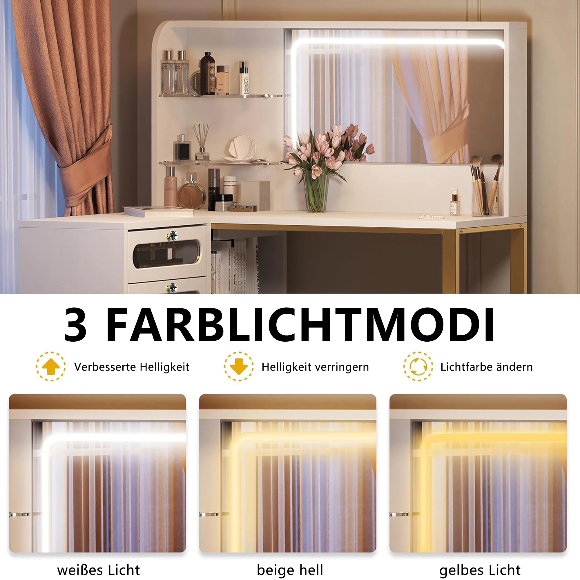 Rosahqnda LED-Beleuchtung Schminktisch mit einstellbarer Helligkeit Schminktisch mit Spiegel Kosmetiktisch mit Schubladen – Detail 33