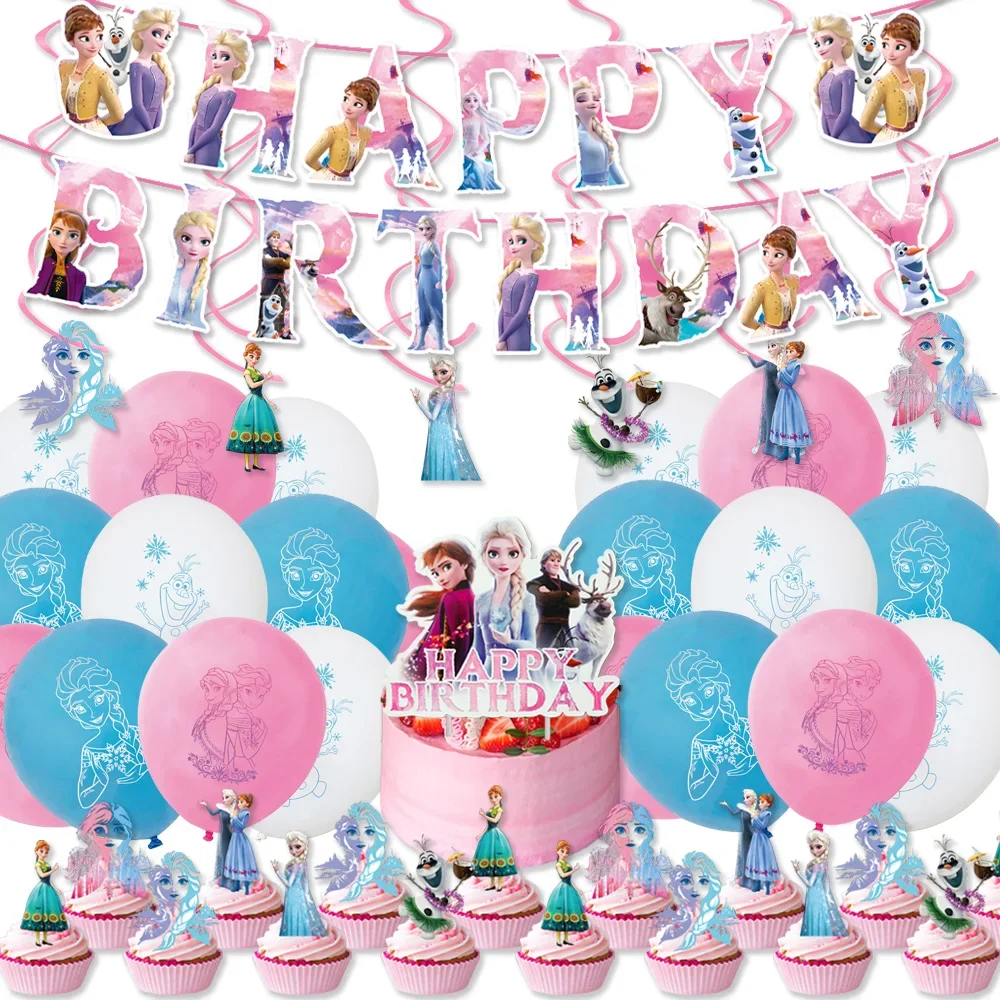 Disney Pink Frozen Theme Party Supplies Disposable Tableware Paper Cups Napkins Plates Banners Elsa And Anna Birthday Decoration