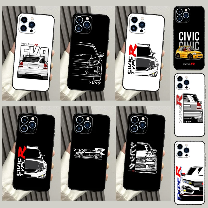 JDM Type R Civic Sport Car Case For iPhone 16 15 11 12 13 14 Pro Max Plus XS X XR 12 13 Mini Back Cover