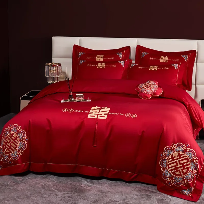 

New Chinese style wedding four piece set, long staple cotton, bright red, pure cotton, all cotton duvet cover, wedding quilt, be