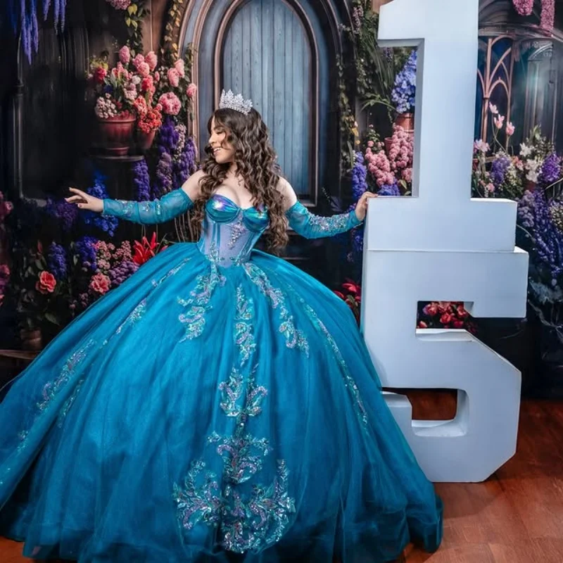 

Customized Shiny royal blue Quinceanera Dress Tull applique flower gemstone crystal Lace vestidos de 15 Quinceanera